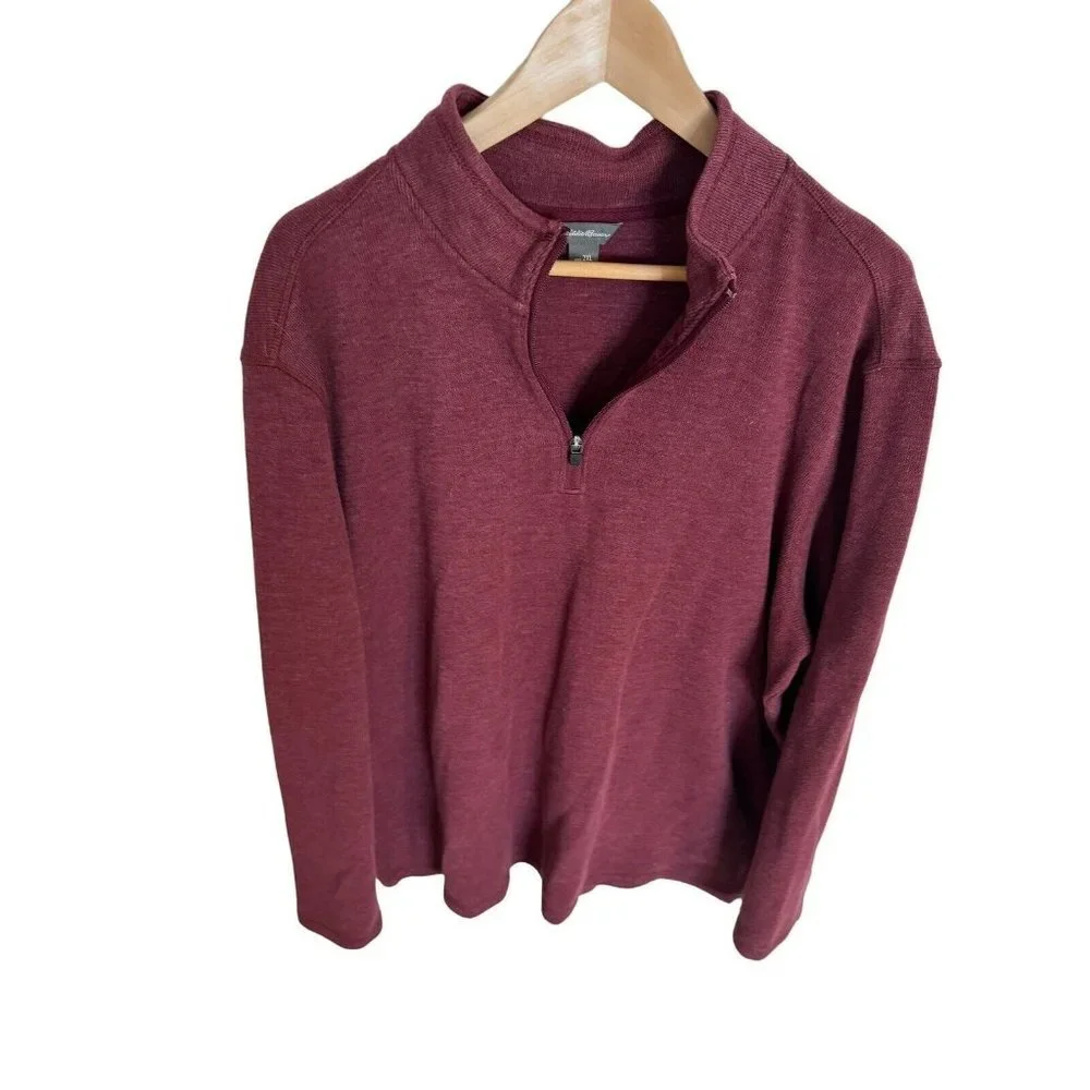 Eddie Bauer Men’s XXL 1/4 Zip Up Red Long Sleeve Knit Tight Knit Collar Neck